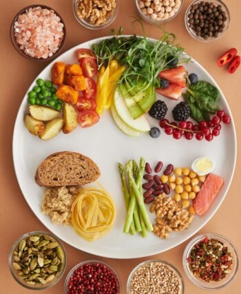 Assorted high-fiber foods including vegetables, fruits, nuts and grains