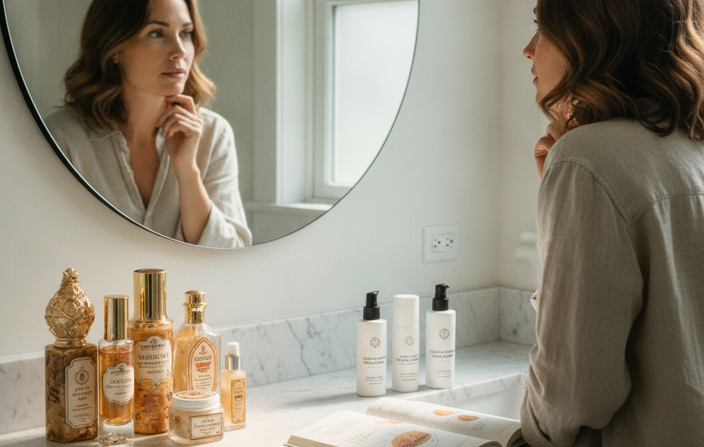 Woman examining skincare products, representing separating anti-aging myths from evidence-based facts
