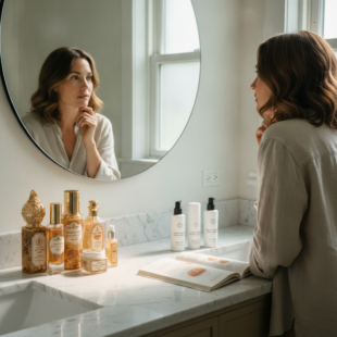 Woman examining skincare products, representing separating anti-aging myths from evidence-based facts