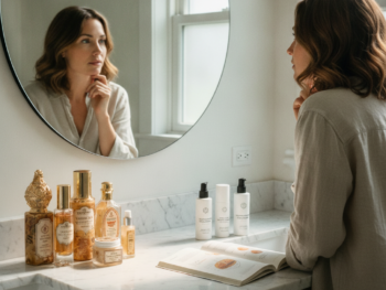 Woman examining skincare products, representing separating anti-aging myths from evidence-based facts