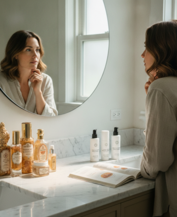 Woman examining skincare products, representing separating anti-aging myths from evidence-based facts