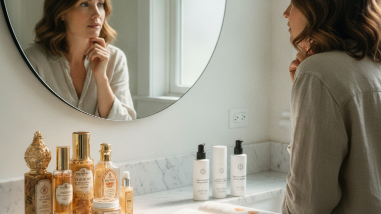 Woman examining skincare products, representing separating anti-aging myths from evidence-based facts
