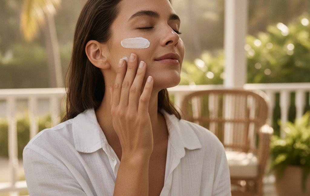 Person applying sunscreen to prevent photoaging
