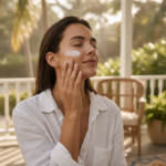 Person applying sunscreen to prevent photoaging