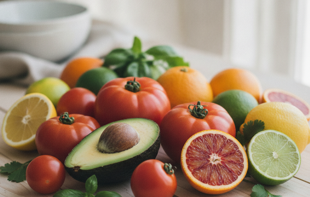 Fresh collagen-supporting foods including tomatoes, avocado, and citrus
