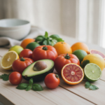 Fresh collagen-supporting foods including tomatoes, avocado, and citrus
