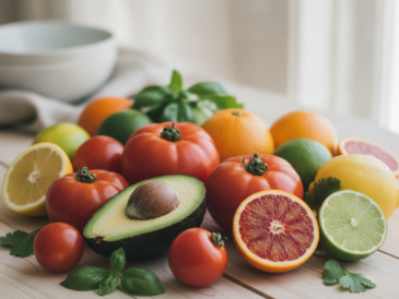 Fresh collagen-supporting foods including tomatoes, avocado, and citrus