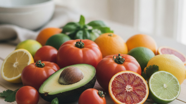 Fresh collagen-supporting foods including tomatoes, avocado, and citrus
