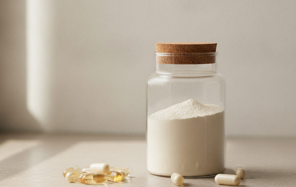 Anti-aging supplements including collagen and antioxidant capsules