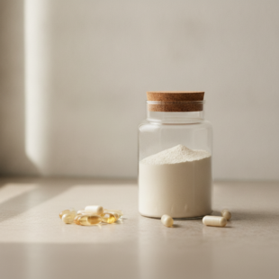 Anti-aging supplements including collagen and antioxidant capsules