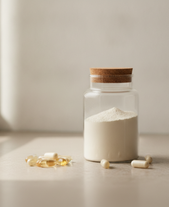 Anti-aging supplements including collagen and antioxidant capsules