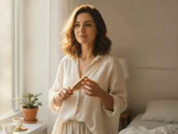 Woman gently brushing her hair, representing postpartum and stress-related hair loss