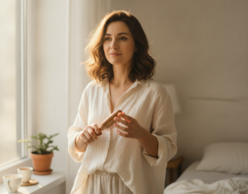 Woman gently brushing her hair, representing postpartum and stress-related hair loss