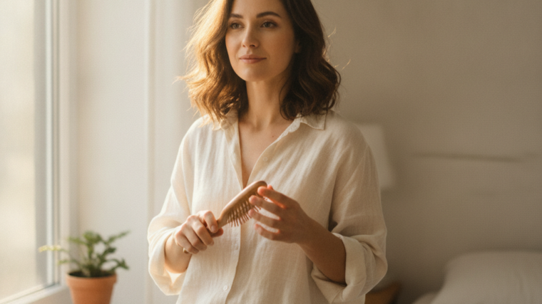 Woman gently brushing her hair, representing postpartum and stress-related hair loss