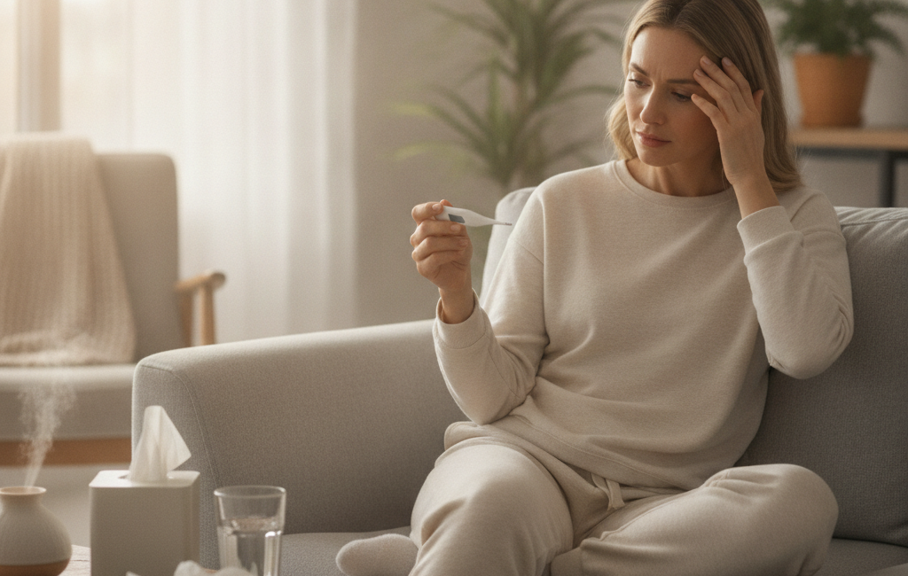 Person resting at home while monitoring symptoms of a sinus infection