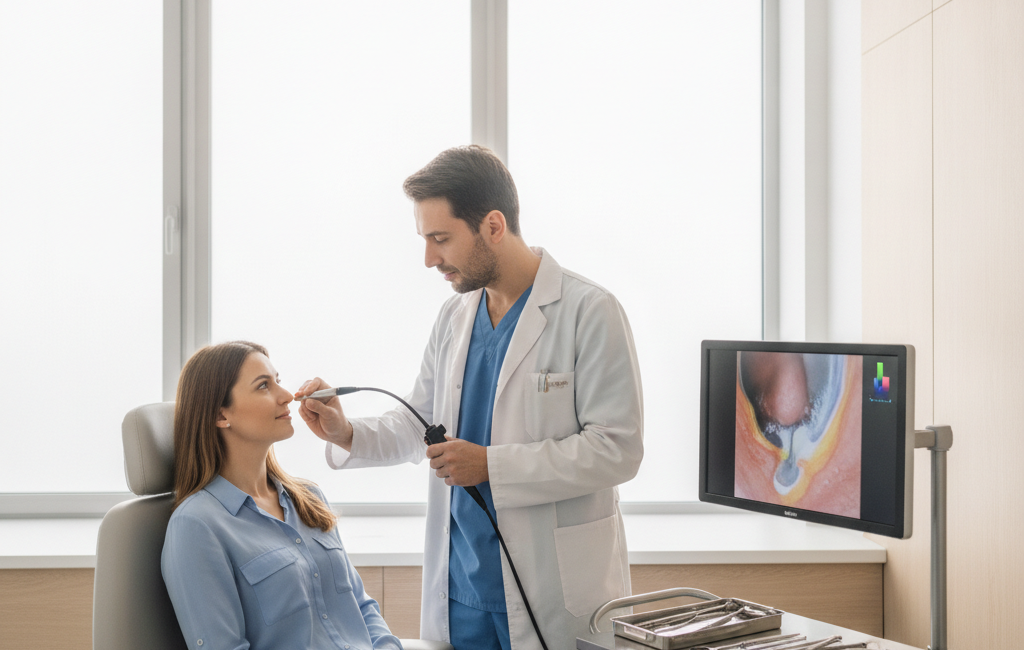ENT specialist examining a patient for chronic sinusitis