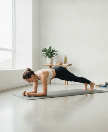 Person performing a plank core exercise on a mat in a bright, minimal room