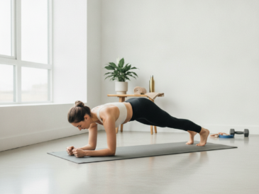 Person performing a plank core exercise on a mat in a bright, minimal room