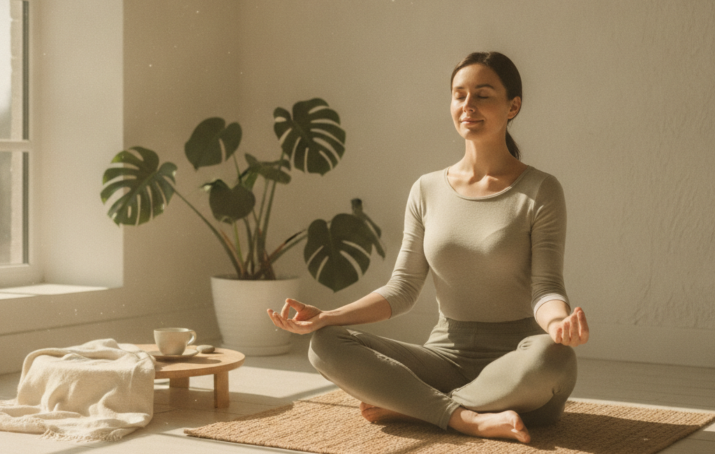 Person practicing seated pranayama breathing exercise in a calm, sunlit room