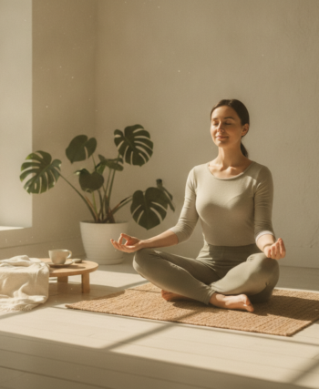 Person practicing seated pranayama breathing exercise in a calm, sunlit room