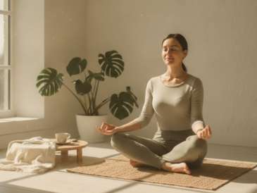 Person practicing seated pranayama breathing exercise in a calm, sunlit room