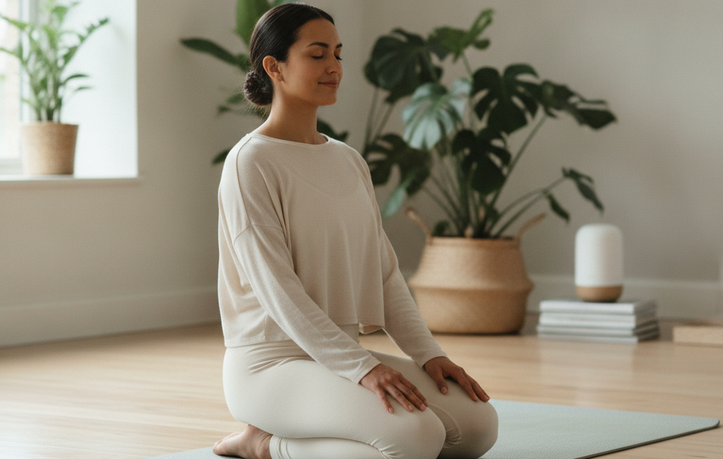 Person sitting in vajrasana, the kneeling diamond pose
