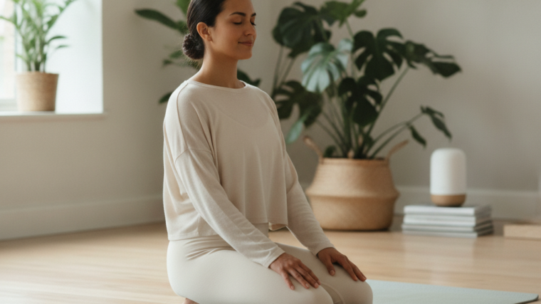 Person sitting in vajrasana, the kneeling diamond pose