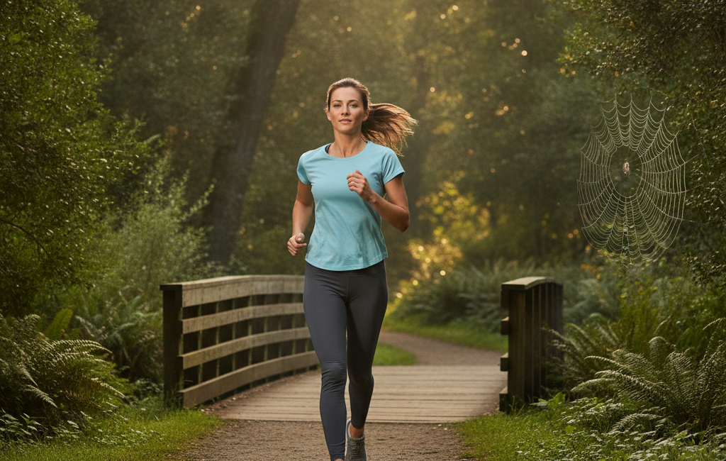 Runner on an outdoor trail in soft morning light, illustrating exercise and digestion