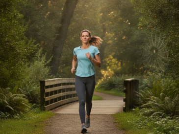 Runner on an outdoor trail in soft morning light, illustrating exercise and digestion