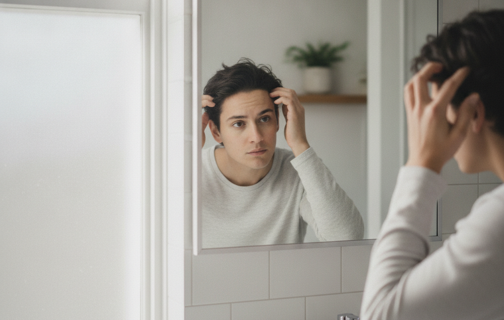 Person examining hairline for signs of pattern hair loss