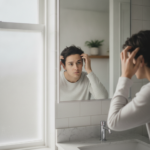 Person examining hairline for signs of pattern hair loss