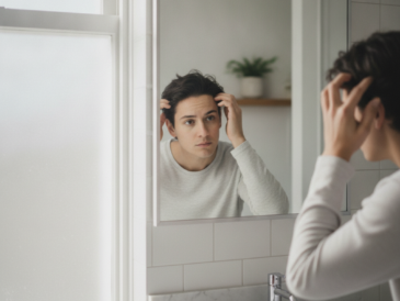 Person examining hairline for signs of pattern hair loss
