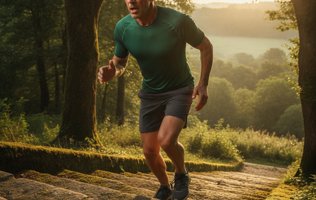 Middle-aged adult running up outdoor stairs during a vigorous cardio workout