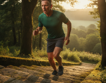 Middle-aged adult running up outdoor stairs during a vigorous cardio workout