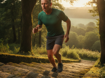 Middle-aged adult running up outdoor stairs during a vigorous cardio workout