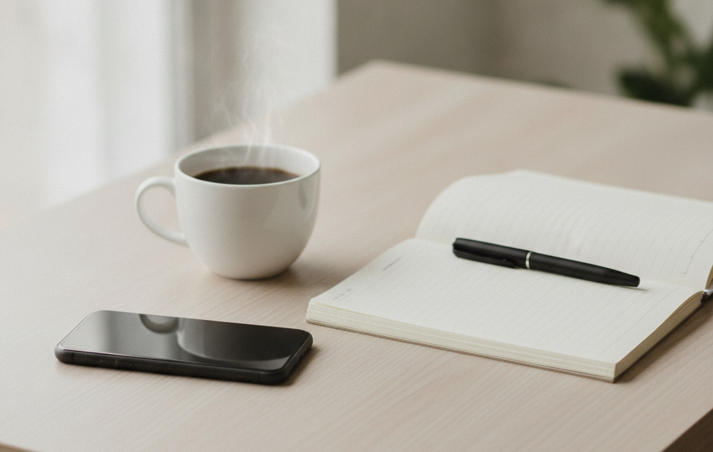 Smartphone face-down on a desk beside a notebook, illustrating focus and digital habits