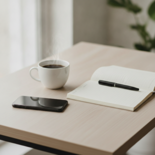 Smartphone face-down on a desk beside a notebook, illustrating focus and digital habits