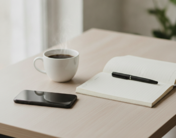 Smartphone face-down on a desk beside a notebook, illustrating focus and digital habits