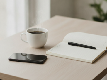 Smartphone face-down on a desk beside a notebook, illustrating focus and digital habits
