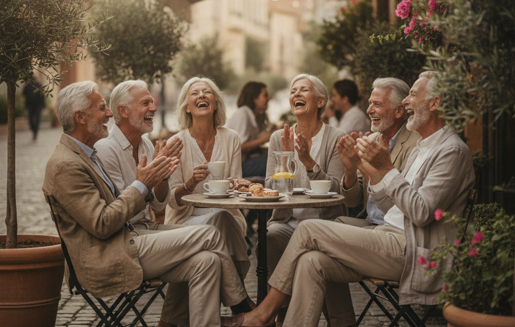 Group of older adult friends laughing together at an outdoor cafe table