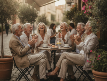Group of older adult friends laughing together at an outdoor cafe table