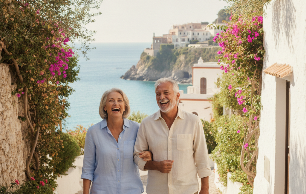 Older couple walking and laughing together outdoors on a sunny village path