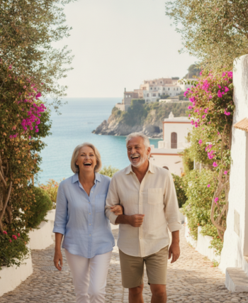 Older couple walking and laughing together outdoors on a sunny village path