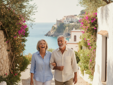 Older couple walking and laughing together outdoors on a sunny village path