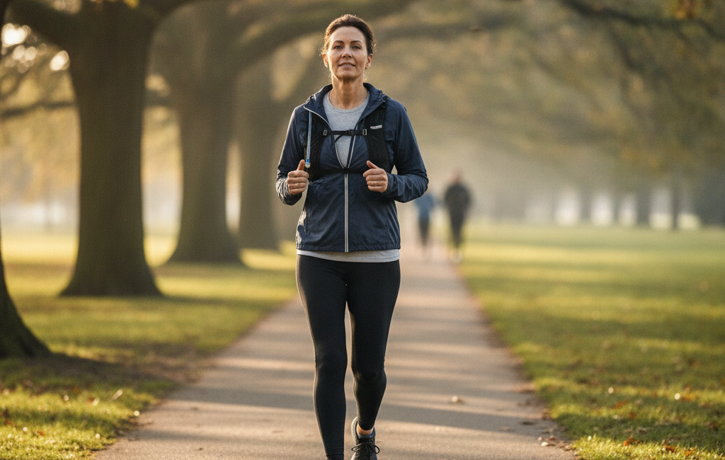 Adult walking briskly on a park path, a simple aerobic exercise for heart health