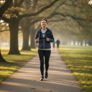 Adult walking briskly on a park path, a simple aerobic exercise for heart health
