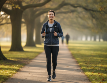 Adult walking briskly on a park path, a simple aerobic exercise for heart health