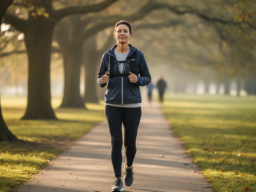 Adult walking briskly on a park path, a simple aerobic exercise for heart health