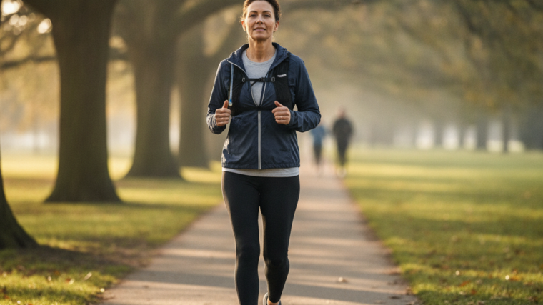 Adult walking briskly on a park path, a simple aerobic exercise for heart health