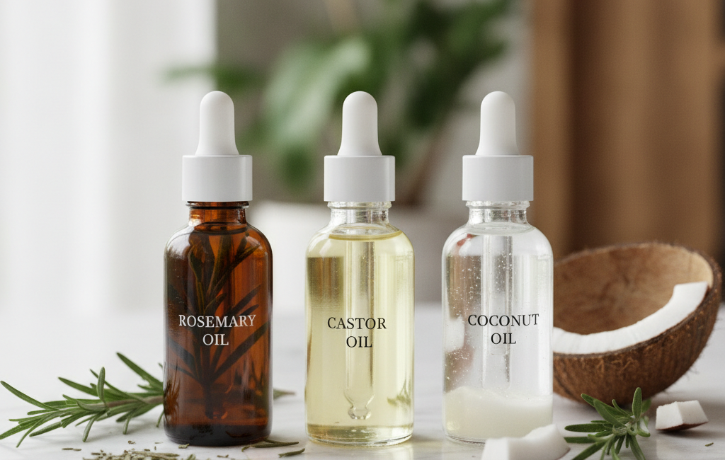 Bottles of rosemary, castor, and coconut oil for hair growth on a light wooden surface